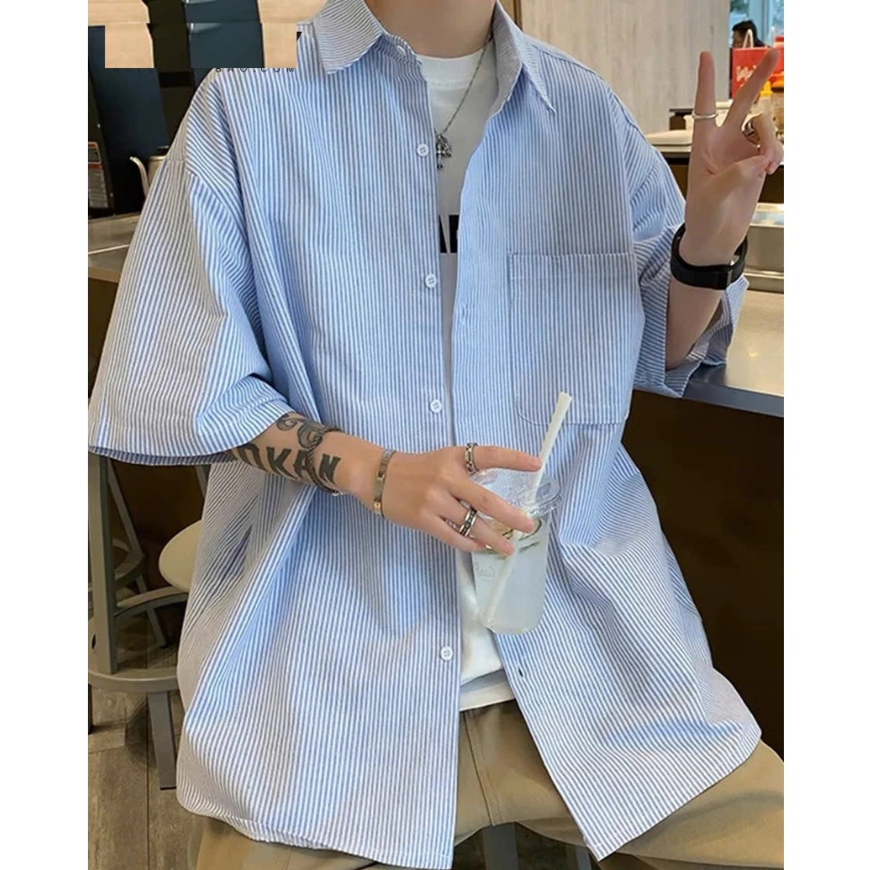 Áo Sơ Mi Nam Nữ Form Rộng Tay Lỡ Kẻ Sọc Xanh Cổ Bẻ Chất Mềm Thoáng Mát Phong Cách Hàn Quốc