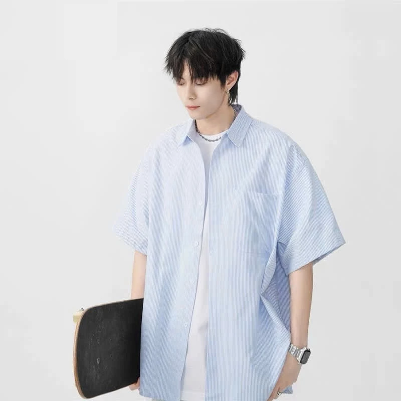 Áo Sơ Mi Nam Nữ Form Rộng Tay Lỡ Kẻ Sọc Xanh Cổ Bẻ Chất Mềm Thoáng Mát Phong Cách Hàn Quốc