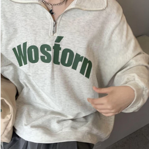 [RẺ VÔ ĐỊCH] Áo Sweater Cổ Polo Dáng Rộng In Chữ Phối Khóa Kéo Thời Trang Mùa Thu Cho Nữ