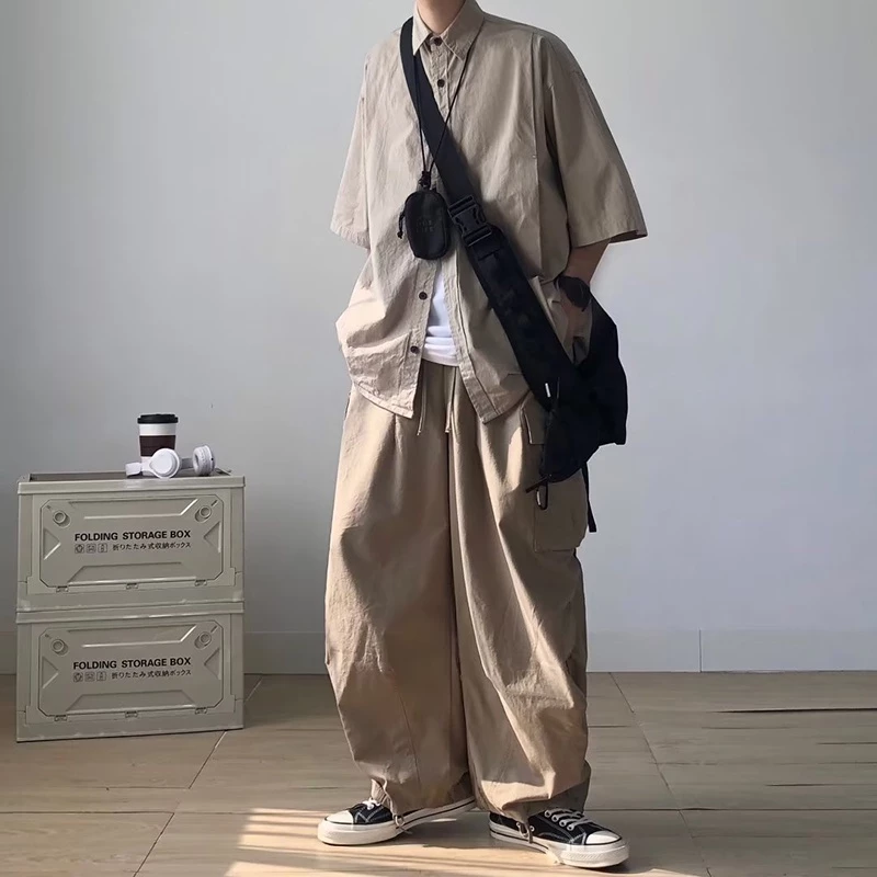 LANSBOTER Áo sơ mi nam tay ngắn phong cách Nhật Bản đơn giản màu trơn kiểu đại học