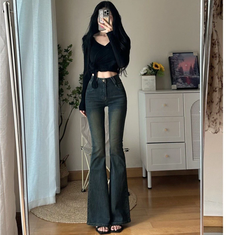 Quần Bò Jean Nữ Ống Loe MIAA Cạp Cao Đứng Co Giãn 4 chiều Màu RETRO, quần jean bò loe đen dài nữ cạp cao cực tôn dáng