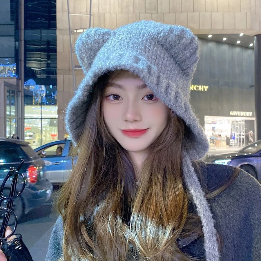 Mũ dệt kim tai gấu nhỏ có mặt nhỏ, mũ ấm áp, phiên bản Hàn Quốc thu đông Mũ dệt kim tai hình đầu lớn