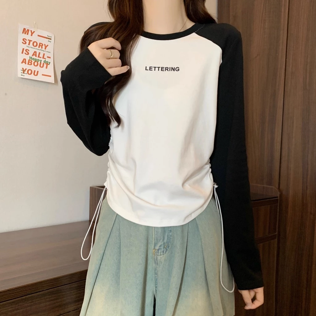 Áo thun nữ baby tee cổ tròn ngắn tay rút dây 2 bên phối chữ LETTERING chất thun tăm co giãn A309-PANOSI