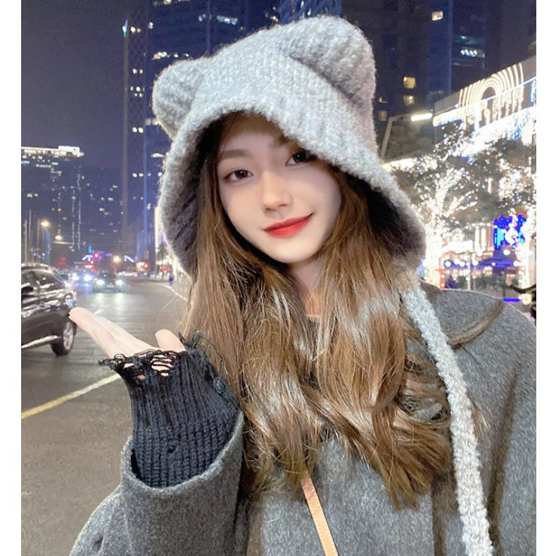 Mũ dệt kim tai gấu nhỏ có mặt nhỏ, mũ ấm áp, phiên bản Hàn Quốc thu đông Mũ dệt kim tai hình đầu lớn