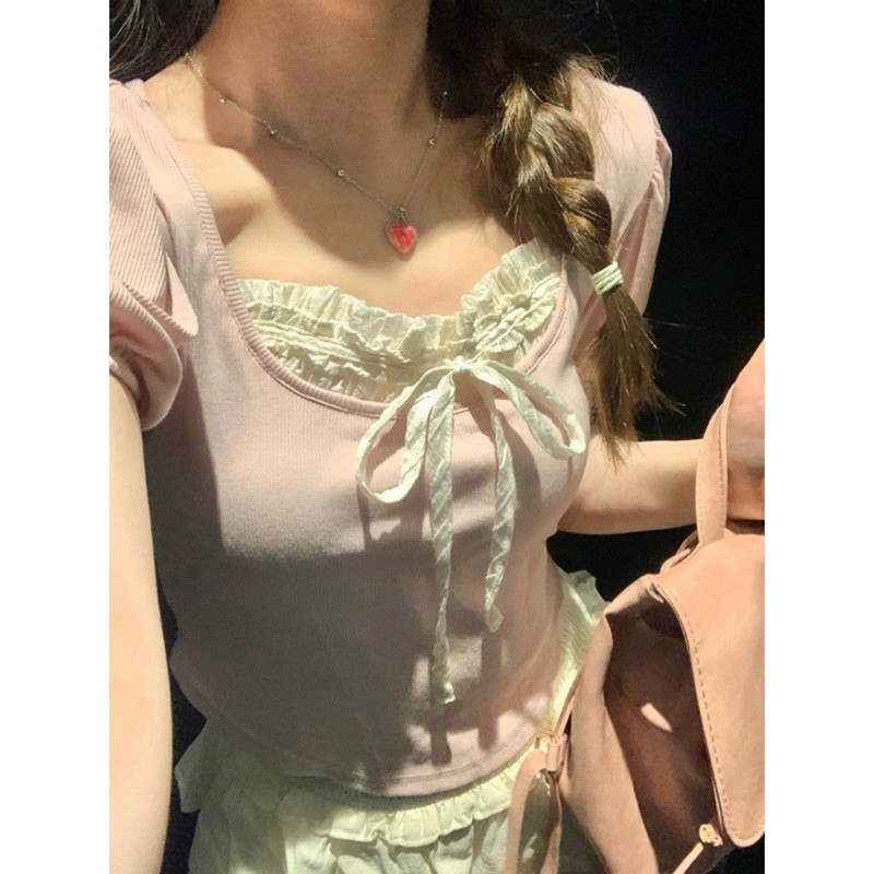 Áo croptop coquette kiểu acubi brandy nữ baby tee nơ màu hồng xanh đen bánh bèo thun tăm CT088