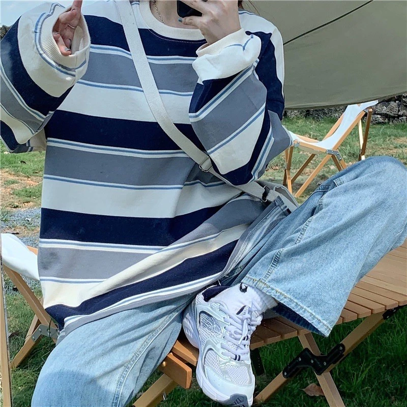 SUXI Áo Thun Nữ Dài Tay Cổ Tròn Sọc Ngang Nhiều Màu Sắc Thời Trang